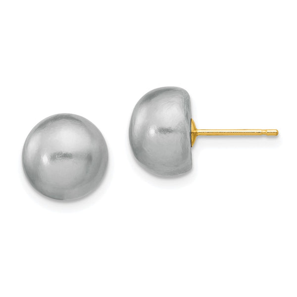 14K Gold Grey Button Pearl Stud Earrings - 9-10mm