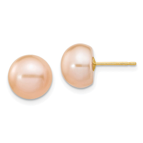 14K Gold Pink Button Freshwater Pearl Stud Earrings - 9-10mm