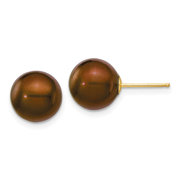14K Gold 9-10mm Brown Pearl Stud Earrings