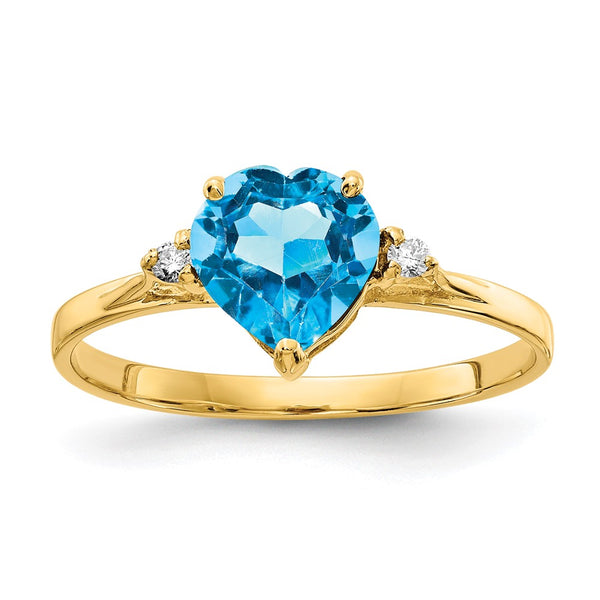 14K Gold 7mm Heart Blue Topaz & AA Diamond Ring