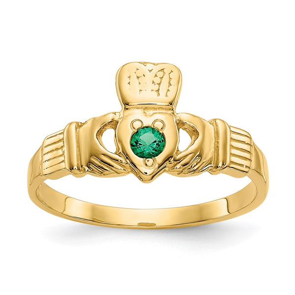 14K Gold Claddagh Ring with Green CZ