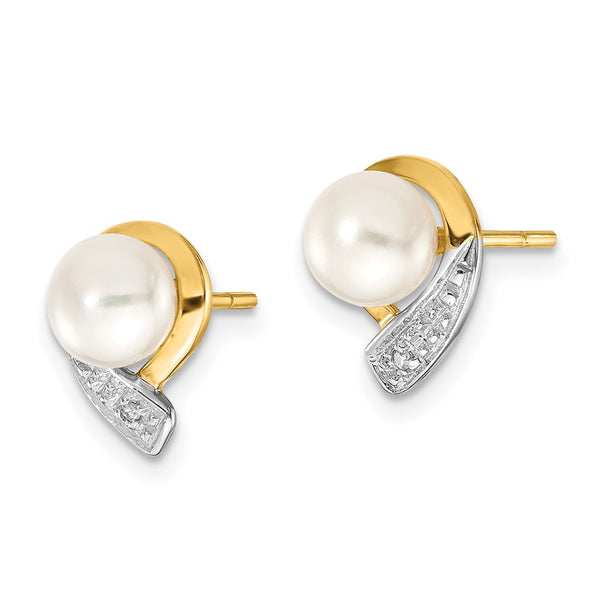 14K White Gold Pearl Button Earrings - 5-6mm Diamond Accent