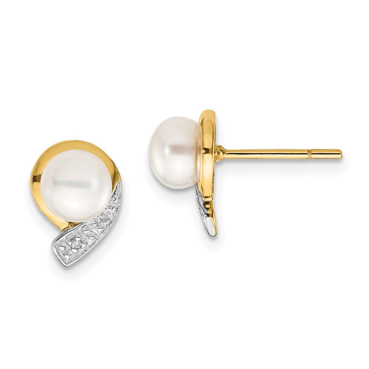 Exclusive 14K White Gold Pearl Button Earrings - Stylish 5-6mm with Diamond Accent