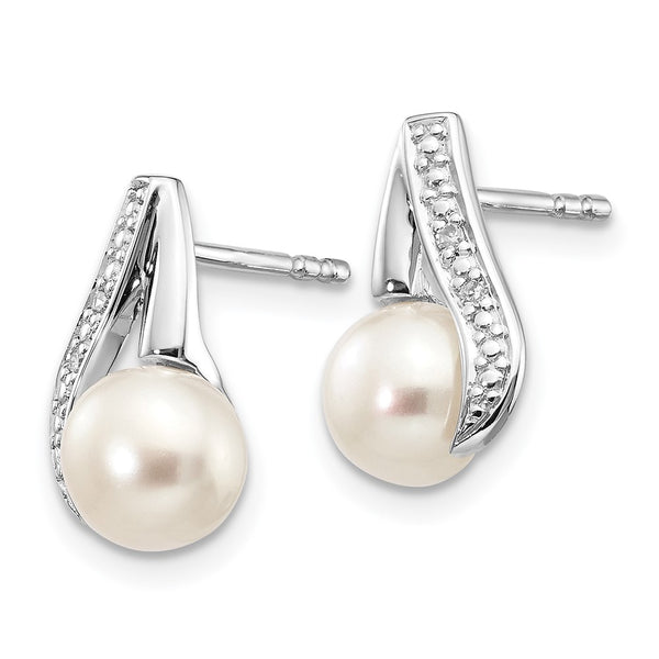 14K White Gold Freshwater Pearl Button Earrings - 6-7mm, .02ct Diamonds