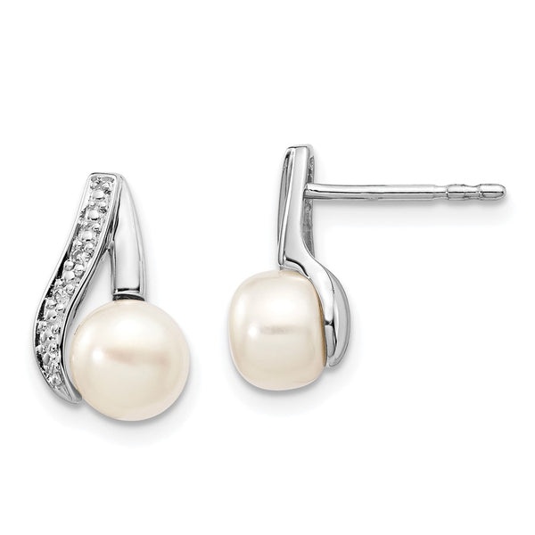 14K White Gold Freshwater Pearl Button Earrings - 6-7mm, .02ct Diamonds
