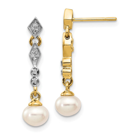 High-Quality 14K White Gold Pearl Earrings, 5-6mm, Stylish 0.04ct Diamond Accents