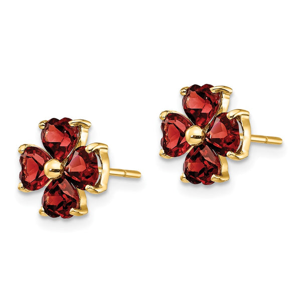 14K Gold Heart-Shaped Garnet Floral Post Earrings
