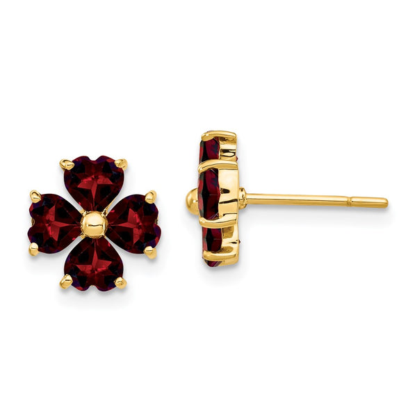 14K Gold Heart-Shaped Garnet Floral Post Earrings