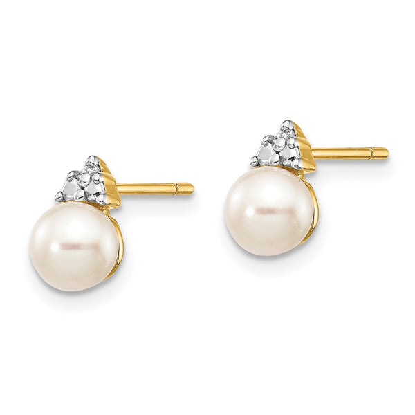 14K White Gold Freshwater Pearl Earrings - 5-6mm, 0.01ct Diamond