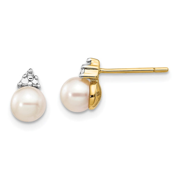 14K White Gold Freshwater Pearl Earrings - 5-6mm, 0.01ct Diamond