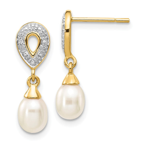 14K Gold Teardrop Pearl Dangle Earrings - 0.01ct Diamonds