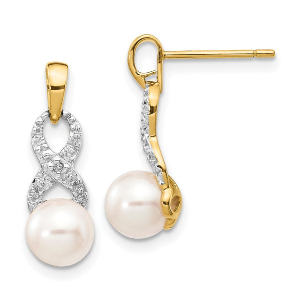 14K White Gold Freshwater Pearl Dangle Earrings, .01ct Diamond