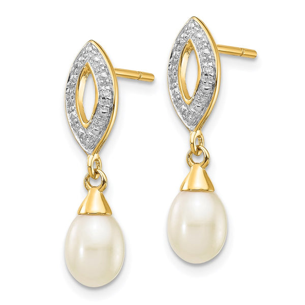 14K Gold Teardrop Pearl Earrings, 7x5mm .01ct Diamond Accents
