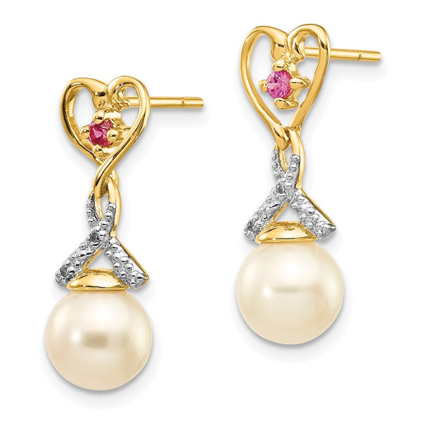 14K Gold Heart Dangle Earrings with 7-8mm Pearls & Diamonds
