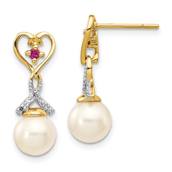 14K Gold Heart Dangle Earrings with 7-8mm Pearls & Diamonds