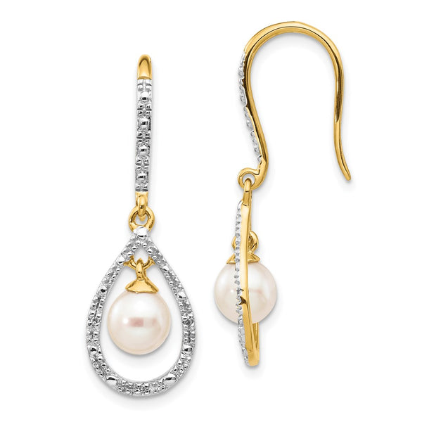 14K White Gold Dangle Earrings with 6-7mm Pearls & 0.02ct Diamonds
