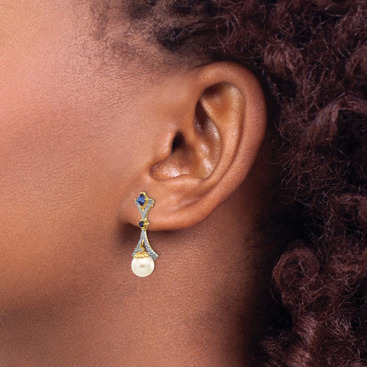 Shop Exclusive 14K Gold 7-8mm Freshwater Pearl & Created Sapphire Earrings