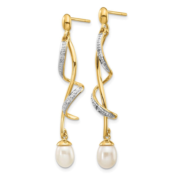 14K White Gold Teardrop Pearl Dangle Earrings - .01ct Diamond Accents