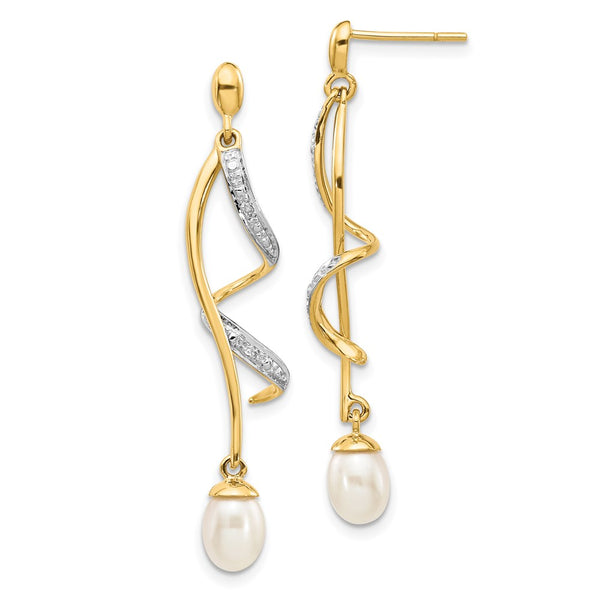 14K White Gold Teardrop Pearl Dangle Earrings - .01ct Diamond Accents