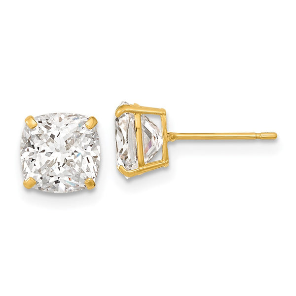14K Gold Polished Cushion Cut CZ Stud Earrings - 7x7 mm