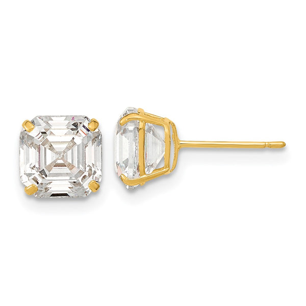 14K Gold Polished Asscher Cut CZ Stud Earrings - 7x7mm