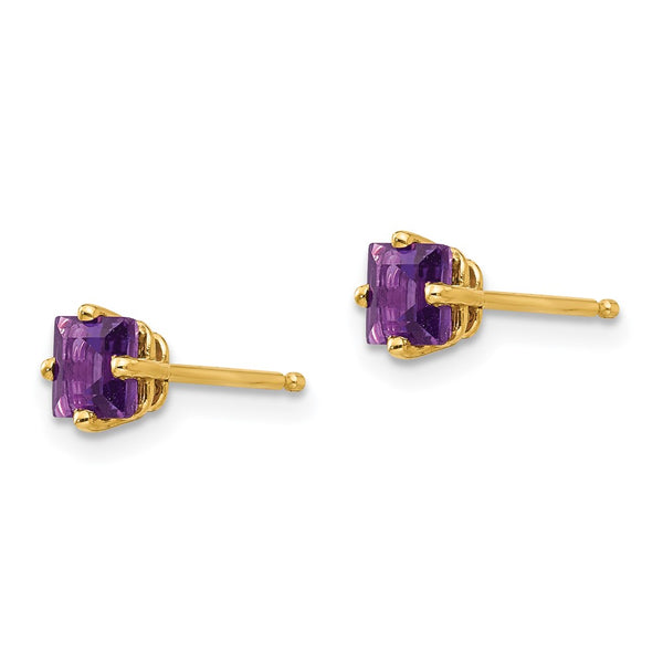 14K Gold 4mm Princess Cut Amethyst Stud Earrings