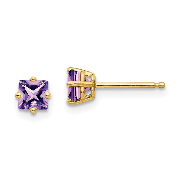 14K Gold 4mm Princess Cut Amethyst Stud Earrings