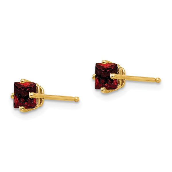 14K Gold 4mm Princess Cut Garnet Stud Earrings