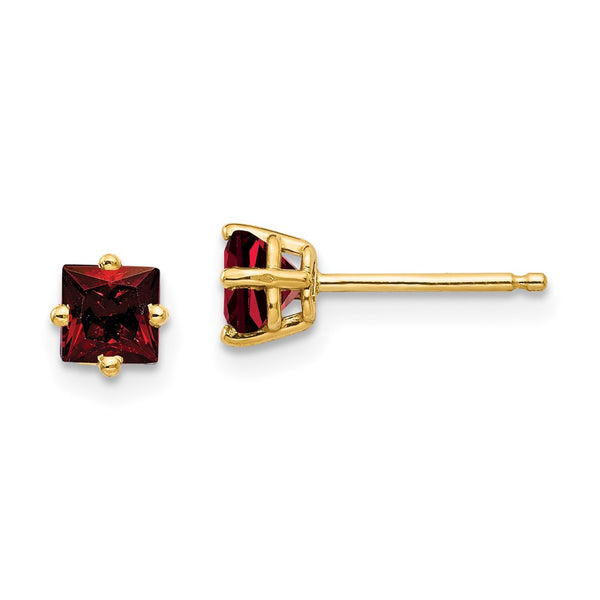 14K Gold 4mm Princess Cut Garnet Stud Earrings