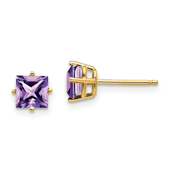 14K Gold 5mm Princess Cut Amethyst Stud Earrings