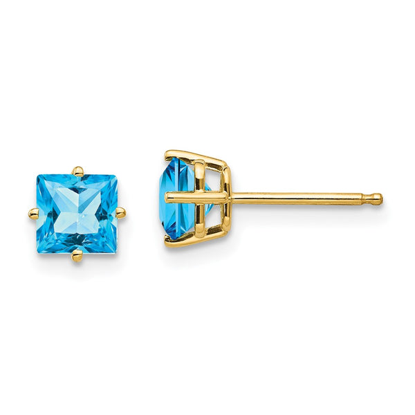 14K Gold 5mm Princess Cut Blue Topaz Stud Earrings