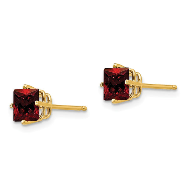 14K Gold 5mm Princess Cut Garnet Stud Earrings