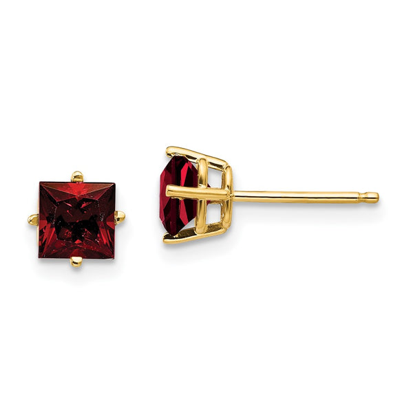 14K Gold 5mm Princess Cut Garnet Stud Earrings