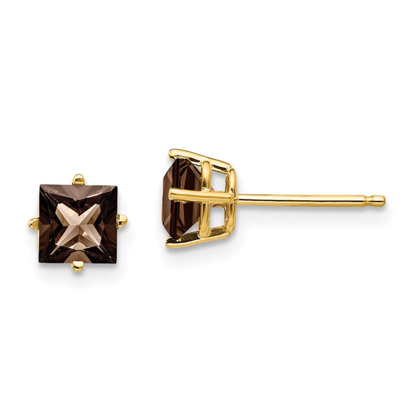 14K Gold 5mm Square Smoky Quartz Stud Earrings - Style GR1-1014168