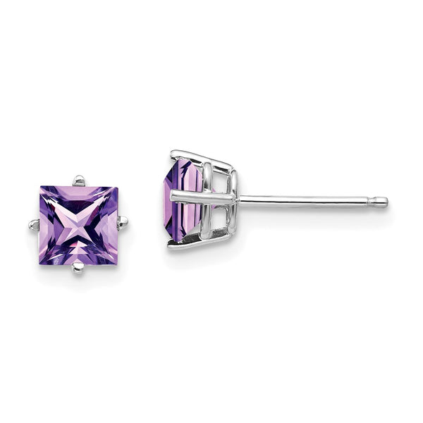 14K White Gold 5mm Princess Cut Amethyst Stud Earrings