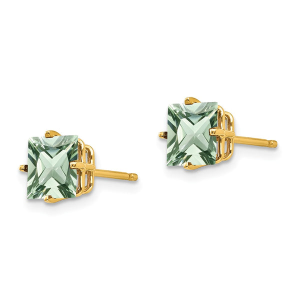 14K Gold 6mm Square Green Quartz Stud Earrings