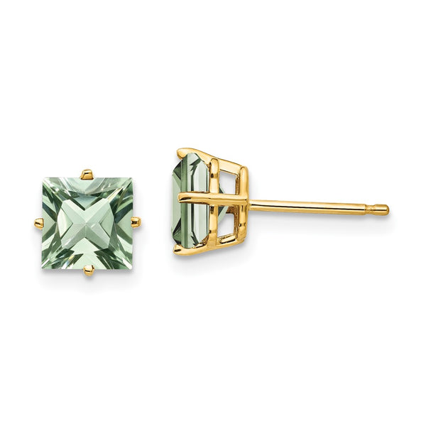 14K Gold 6mm Square Green Quartz Stud Earrings