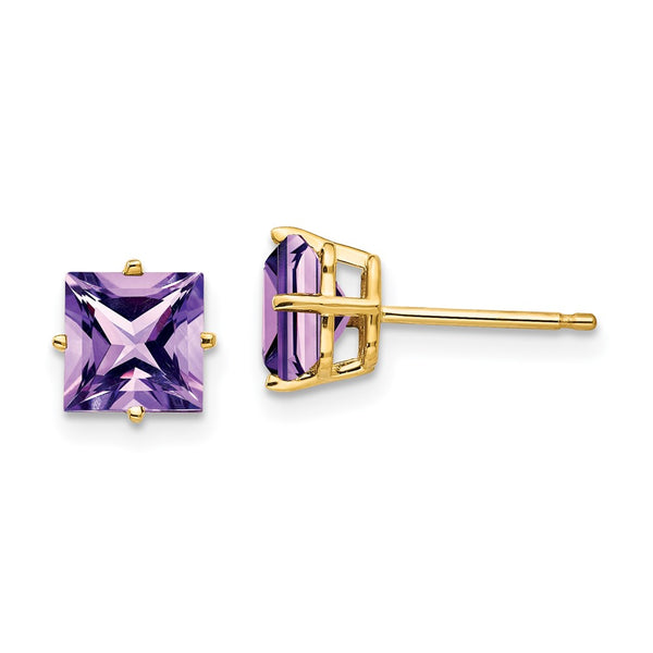 14K Gold 6mm Princess Cut Amethyst Stud Earrings