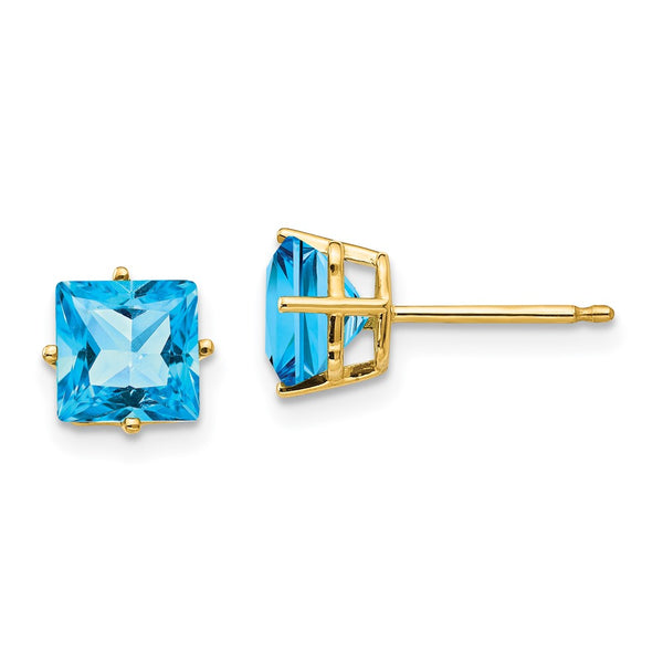 14K Gold 6mm Princess Cut Blue Topaz Stud Earrings