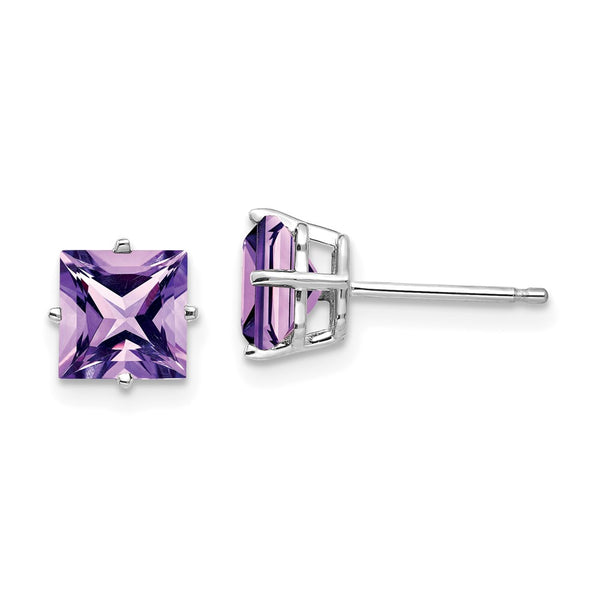 14K White Gold 6mm Princess Cut Amethyst Stud Earrings