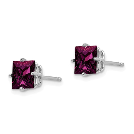 Exclusive 14K White Gold 6mm Rhodolite Garnet Princess Cut Stud Earrings