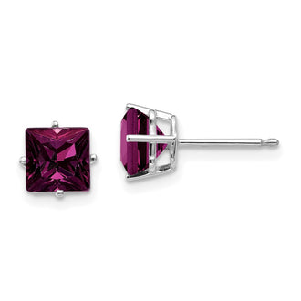 Exclusive 14K White Gold 6mm Rhodolite Garnet Princess Cut Stud Earrings
