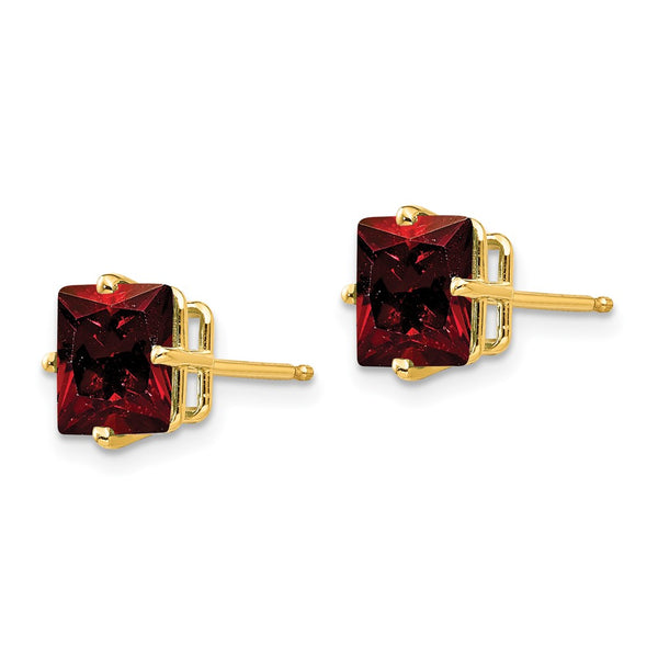 14K Gold 7mm Princess Cut Garnet Stud Earrings