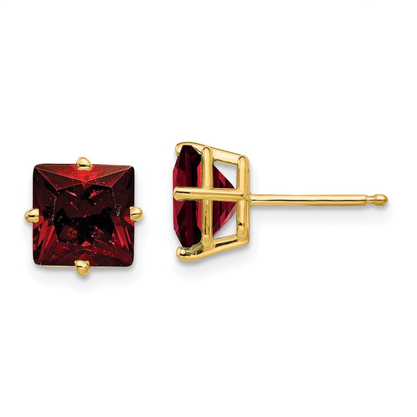 14K Gold 7mm Princess Cut Garnet Stud Earrings