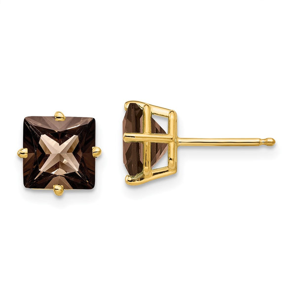 14K Gold 7mm Square Smoky Quartz Stud Earrings