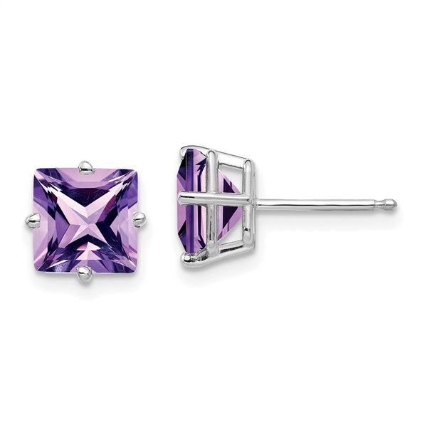 14K White Gold 7mm Princess Cut Amethyst Stud Earrings