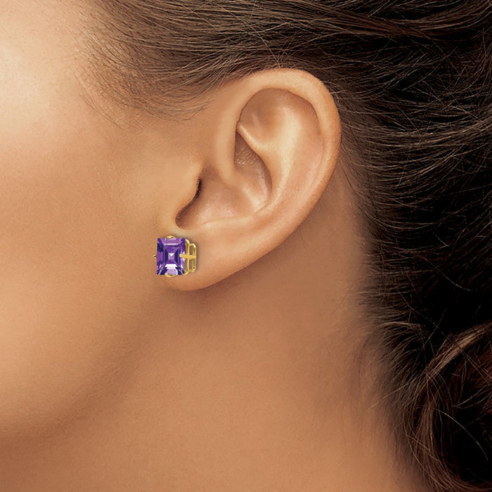Exclusive 14K Gold 8mm Square Step-Cut Amethyst Earrings - Stylish Luxury!-3