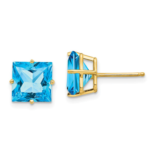 14K Gold 8mm Square Blue Topaz Earrings