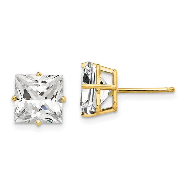 14K Gold 8mm Princess Cut CZ Stud Earrings