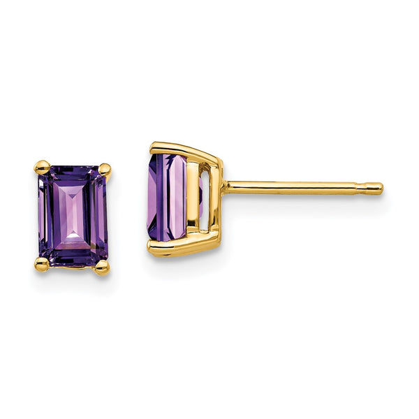 14K Gold 6x4mm Emerald Cut Amethyst Stud Earrings